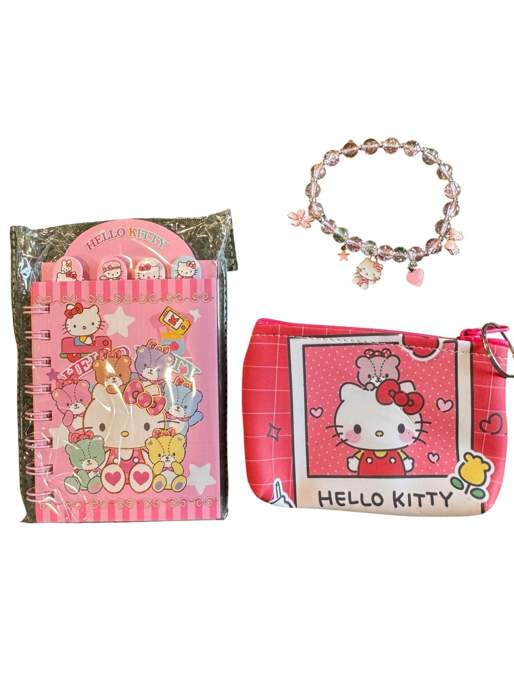 Hello Kitty Pink Notebook, Coin Purse & Beaded Charm Bracelet Set